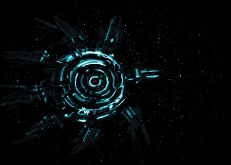 Alien spaceship against the background of stars. Science fiction genre. Invasion of aliens.