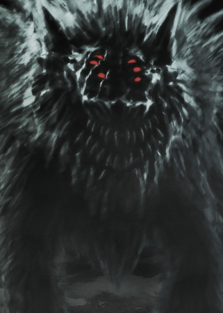 Alien wolf emerges from dark forest and opens his mouth. Illustration in genre of horror.の写真素材