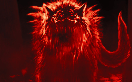 Alien wolf emerges from dark forest and opens his mouth. Illustration in genre of horror.の写真素材