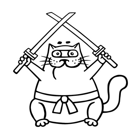 Fat ninja cat with two crossed swords. Vector illustration. Funny cute contour cartoon.のイラスト素材