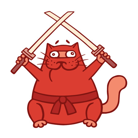 Fat red ninja cat with two crossed swords. Vector illustration. Funny cartoon character.のイラスト素材