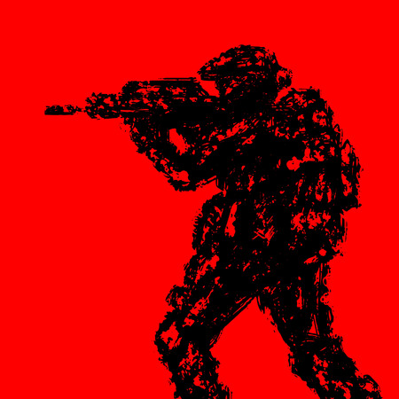 Silhouette of soldier aiming from machine gun. Grunge style. Military art and sketches. Red background color. Vector illustration.のイラスト素材