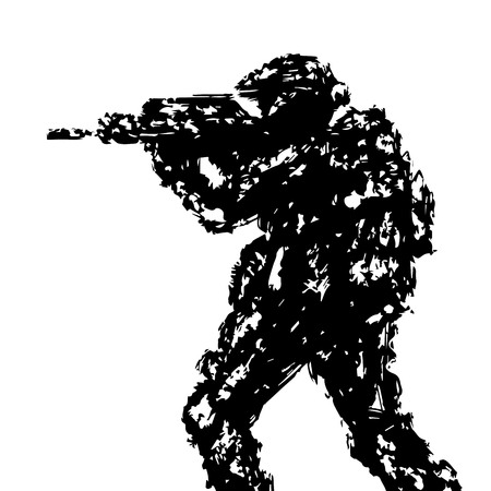 Silhouette of soldier aiming from machine gun. Grunge style. Military art and sketches. Vector illustration.のイラスト素材