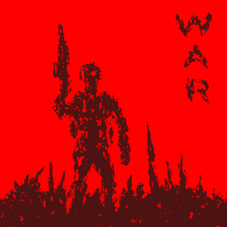 Soldier holds the assault rifle barrel up. Grunge style. Red background color. Vector illustration.のイラスト素材