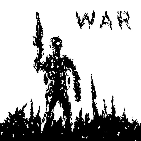 Soldier holds the assault rifle barrel up. Grunge style. Combat operations. Vector illustration.のイラスト素材