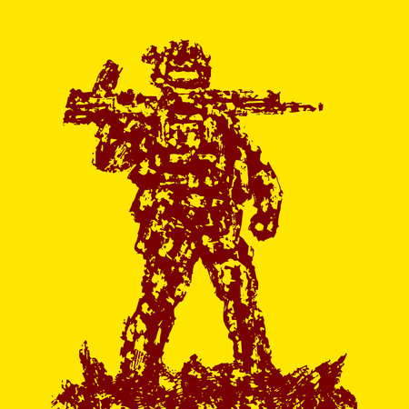 Soldier holding assault rifle on his shoulder. Yellow background color. Grunge style. Combat operations. Vector illustration.のイラスト素材