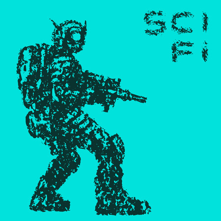 Fantastic soldier aims from plasma rifle to the enemy. Blue background color. Military art and sketches. Vector illustration.のイラスト素材