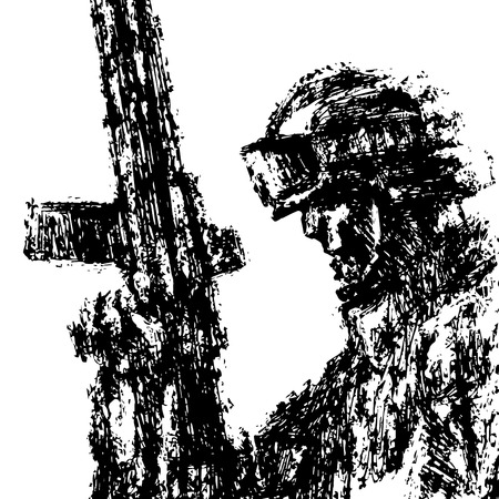 Profile soldier in helmet with gun in his hand. Grunge style. Vector illustration.のイラスト素材