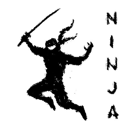 Black ninja with sword preparing to attack. Vector illustration. Warrior silhouette. White background color.のイラスト素材