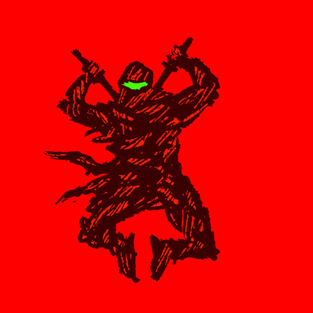 Ninja with swords attack. Vector illustration. Red background color.のイラスト素材