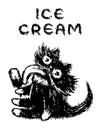 Cute fur cat eats ice cream on stick. Funny cartoon pet. Vector illustration.のイラスト素材
