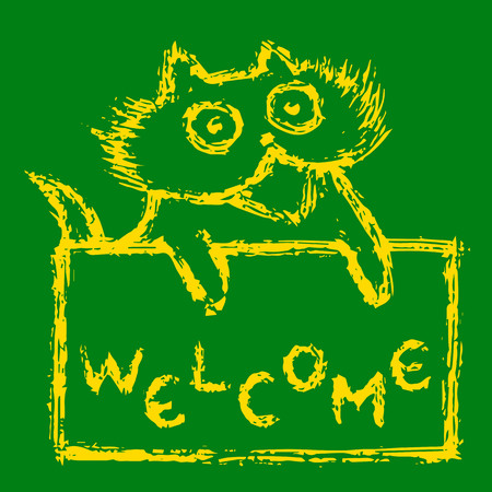 Cute fur friendly cat with welcome. Funny cartoon pet. Vector illustration. Green color background.のイラスト素材