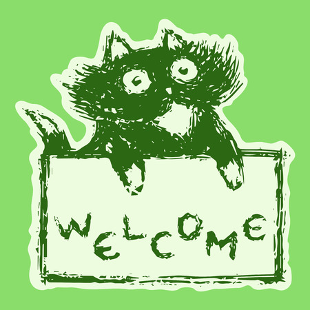 Cute fur cat with tablet welcome. Vector illustration. Green color background.のイラスト素材