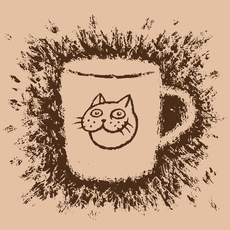 Cup of coffee with a cat sticker. Beige background color. Vector illustration.のイラスト素材