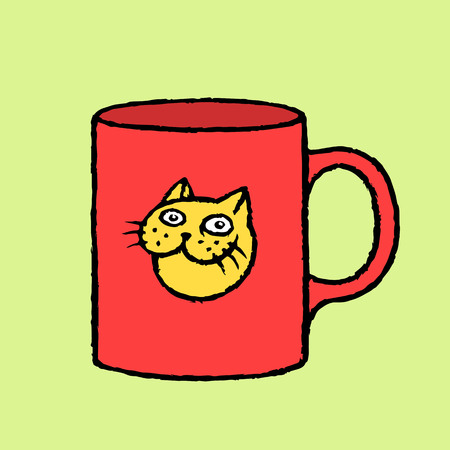 Red cup of coffee with a cat sticker. Green color background. Vector illustration.のイラスト素材