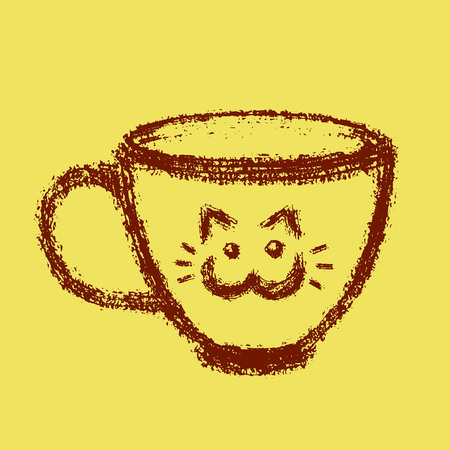 Cup of tea with cat sticker. Yellow background color. Vector illustration.のイラスト素材