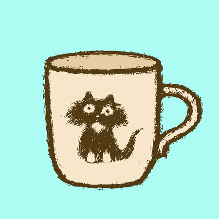 Large cup with cat head sticker. Blue background color. Vector illustration.のイラスト素材