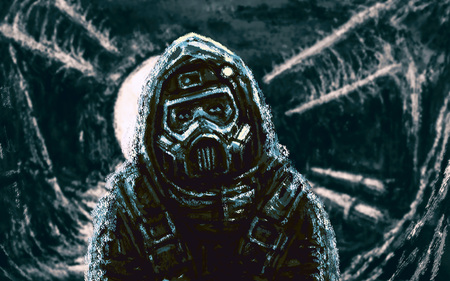 Rescuer in protective suit and gas mask. Infection area.の写真素材