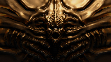 Bronze bas-relief monster with horns. 3d illustration in genre of fantasy.の写真素材