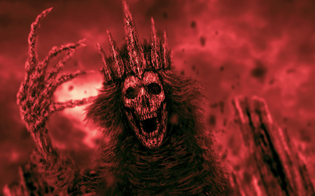 Dark queen with crown pulls bony hand. Fantasy illustration. Red background color.