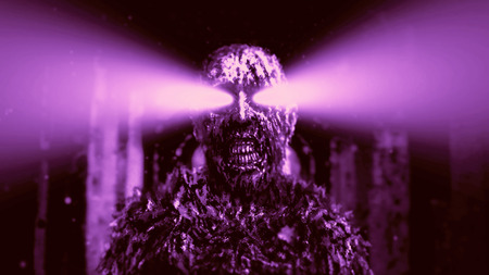 Dark zombie with green rays from the eyes in dungeon. Horror character concept.