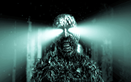 Dark zombie with green rays from the eyes in dungeon. Horror character concept. Blue background...