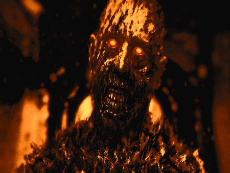 Black zombie with glowing red eyes. Orange background color. Illustration in genre of horror.の写真素材
