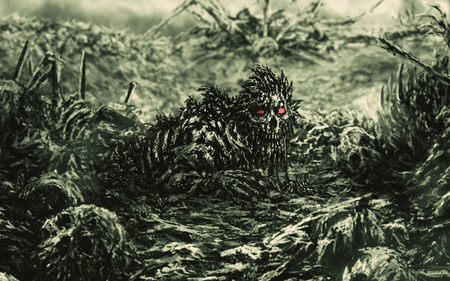 Zombie wakes up and raises head from dirt. Living dead man on green background.. Genre of horrorの写真素材