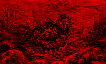 Dead man looks at camera and pulls his hand. Scary monster character on red background. Genre of...