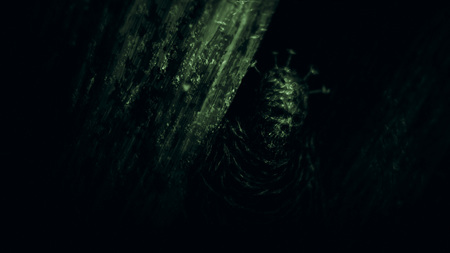 Mummies of monks are sitting between pillars in an ancient forgotten temple. Horror genre. Black and...