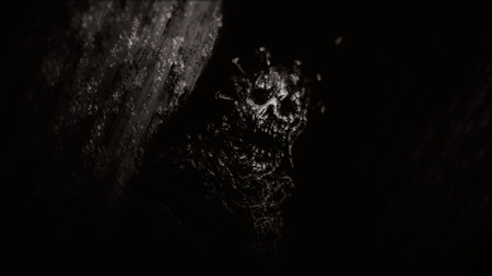 Mummies of monks are sitting between pillars in an ancient forgotten temple. Horror genre. Black and white background.の写真素材