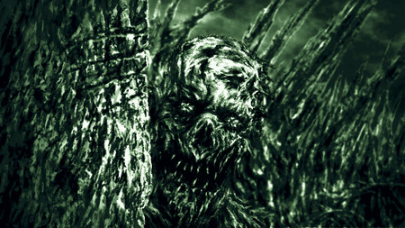 Monster peeps out from behind wall and looks creepy. Illustration in genre of horror. Scary face character in black and green colors.の写真素材