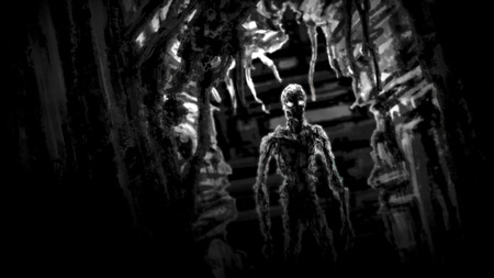 Dark zombie standing in corridor spaceship with blinking light. Illustration in genre of horror. Scary face character in black and white colors.の写真素材
