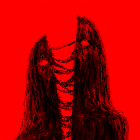 Chopped by sword vampire girl. Illustration in the horror genre. Horror bloody character. Red background color.の写真素材
