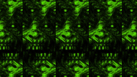 Scary zombie face pattern on black background. Illustration in horror genre. Abstraction monster character face. Green color.の写真素材
