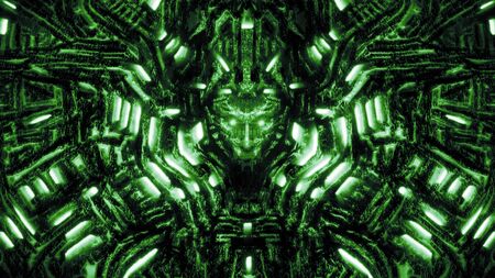 Cyber wall with bas-relief and protruding robot head. Glowing lamps and mechanisms. Illustration in...