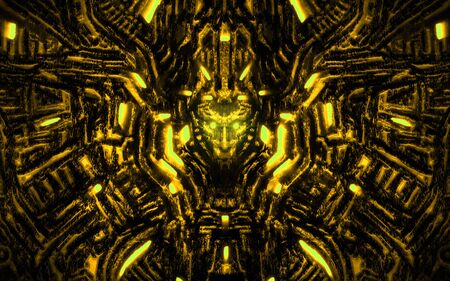 Alien wall with bas-relief and protruding robot head. Glowing lamps and mechanisms. Illustration in genre of horror fiction. Yellow color background.の写真素材