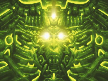 Computer monster with bas-relief and protruding robot head of woman. Bright laser beams and flashes of light. Illustration in genre of science fiction. Green color background.の写真素材
