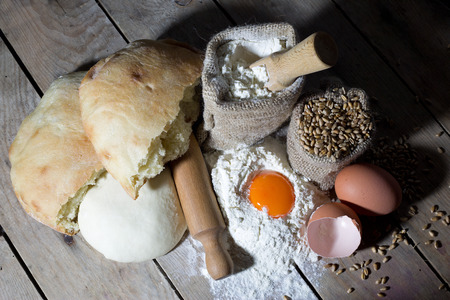 Ingredients for Making Bread on Wooden Table,View From the Topの写真素材