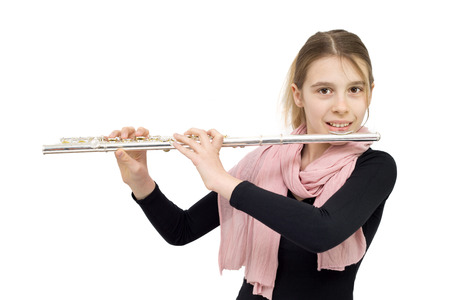 Frontal View of Blonde Hair Girl in Black Blouse with Pink Scarf Holding Flute and Smiling into the Camera. Studio Shot Isolated on Whiteの写真素材