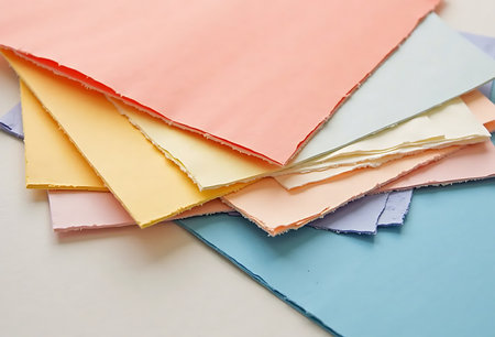 Colorful paper rolls on pastel pink and blue background with copy spaceの写真素材