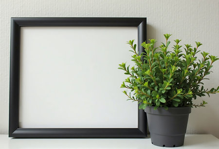 Black frame mockup with green plant in pot on white table.の写真素材