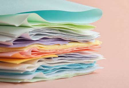 Stack of colorful paper sheets on pink background. Shallow dof.の写真素材