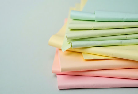 Close up of colorful sticky notes on white background, soft focus.