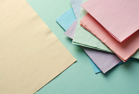 Colorful sticky notes on blue and green background. Copy space.の写真素材