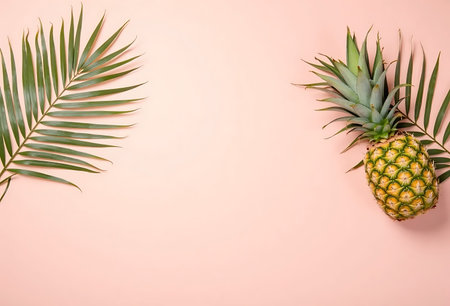 Pineapple and palm leaves on pastel pink background with copy spaceの写真素材