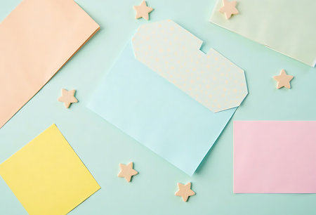 Blank gift tag and star on blue background. Flat lay.の写真素材