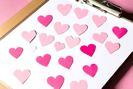 Pink paper hearts on a white sheet of paper on a pink background