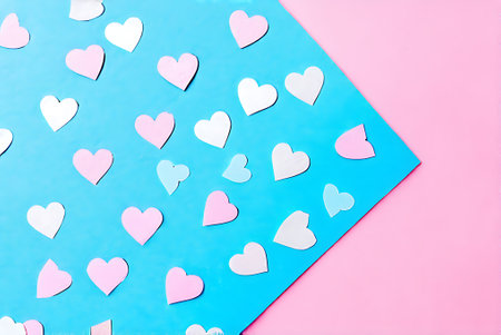 Paper hearts on a blue and pink background. Flat lay, top view.の写真素材