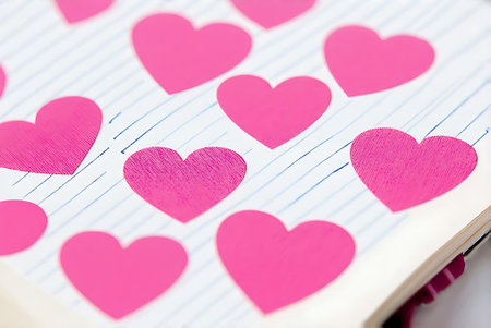 Notebook with paper hearts on a white background, close-up